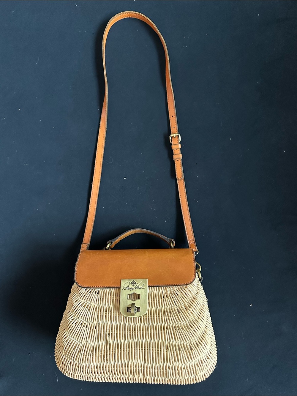 Patricia Nash Tan Leather & Woven Straw Crossbody Bag basket satchel - Picture 3 of 16